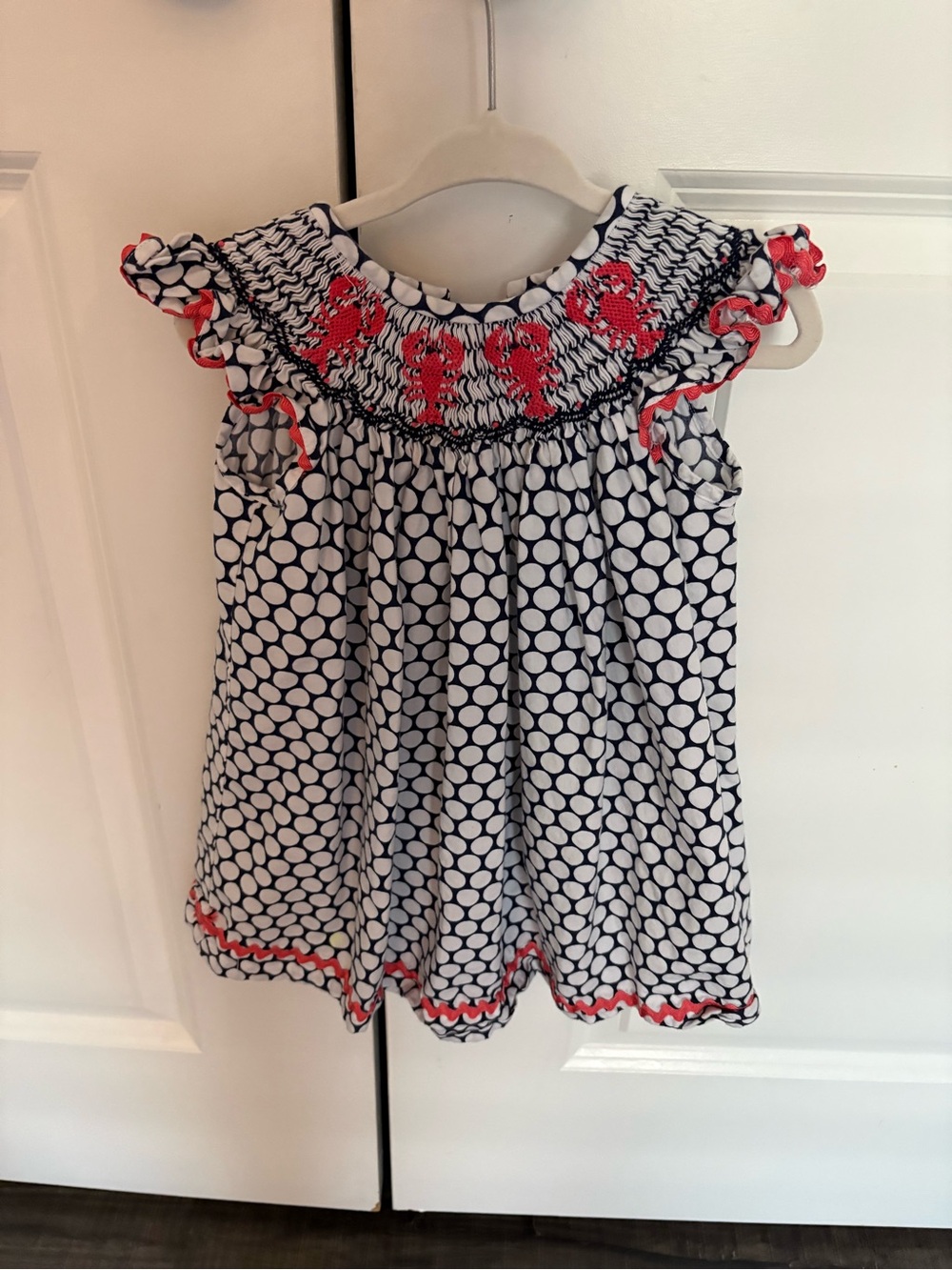 Girls Navy & White Polka Dot Smocked Sundress with Lobster Accents